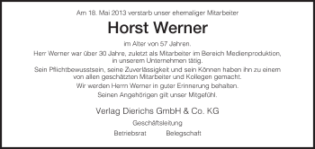 Todesanzeige von Horst Werner von HNA