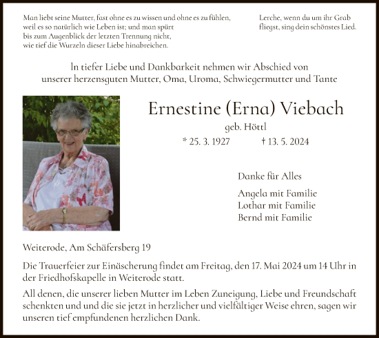 Todesanzeige von Ernestine Viebach von HNA
