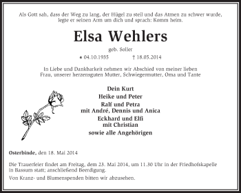 Todesanzeige von Elsa Wehlers von KRZ