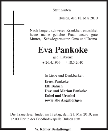 Todesanzeige von Eva Pankoke von KREISZEITUNG SYKE