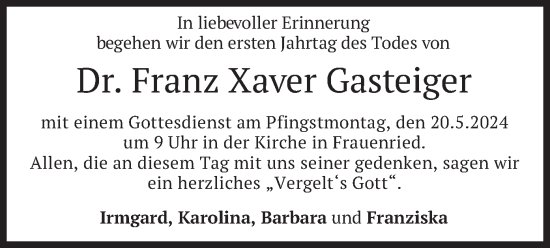 Todesanzeige von Franz Xaver Gasteiger von merkurtz