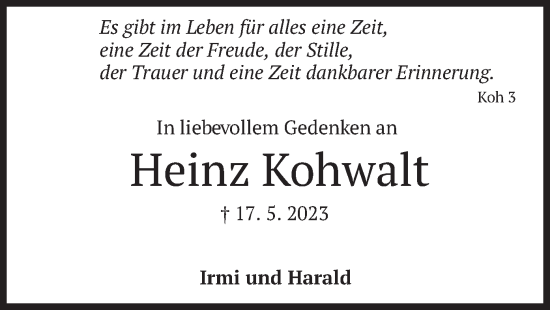Todesanzeige von Heinz Kohwalt von merkurtz