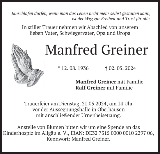 Todesanzeige von Manfred Greiner von merkurtz