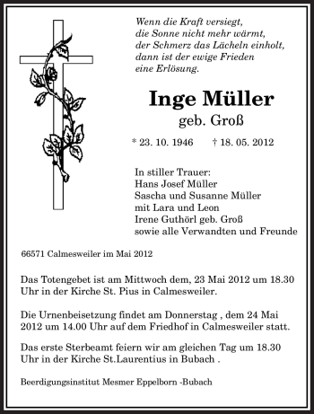 Todesanzeige von Inge Müller von SAARBRÜCKER ZEITUNG