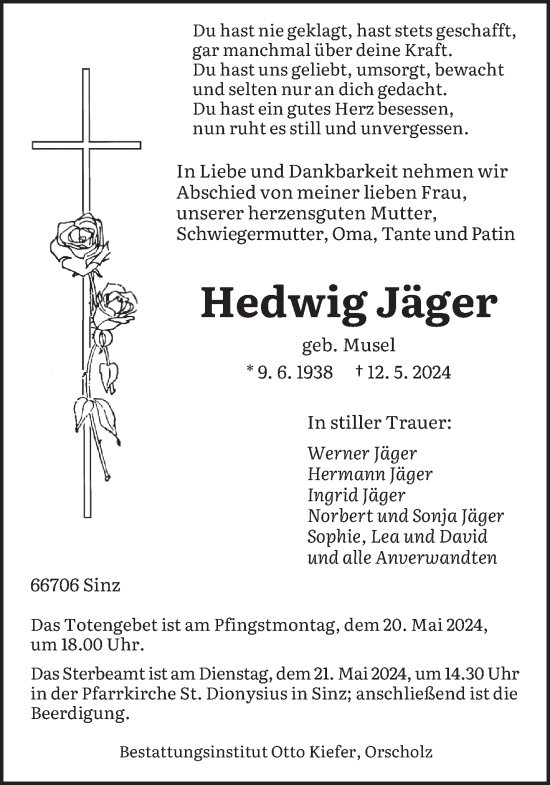 Todesanzeige von Hedwig Jäger von trierischer_volksfreund