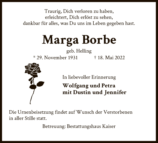 Todesanzeige von Marga Borbe von UEL