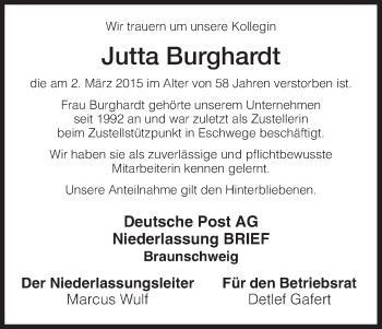Todesanzeige von Jutta Burghardt von Eschwege