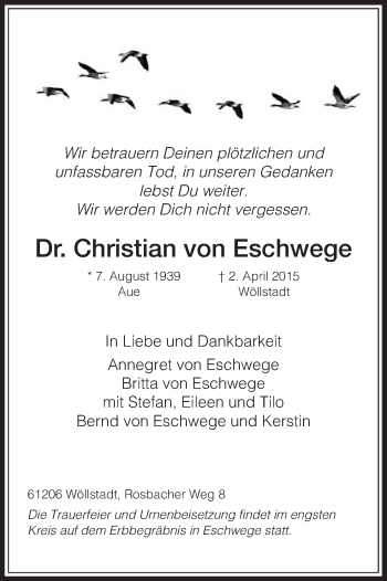 Todesanzeige von Christian von Eschwege von Eschwege