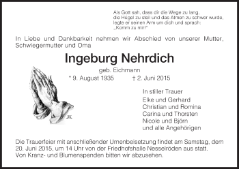 Todesanzeige von Ingeburg Nehrdich von Eschwege