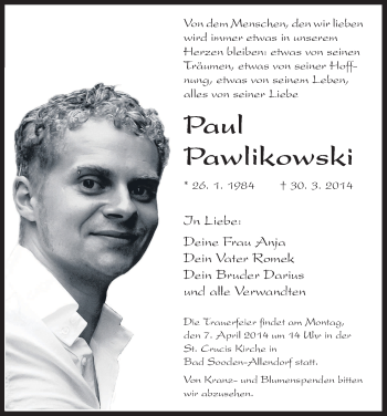 Todesanzeige von Paul Pawlikowski von Eschwege