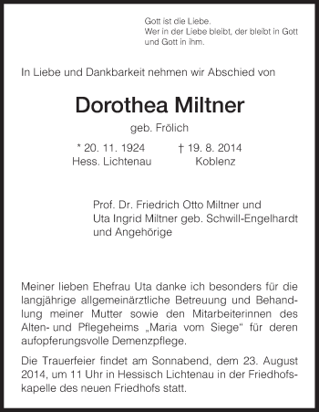 Todesanzeige von Dorothea Miltner von Eschwege