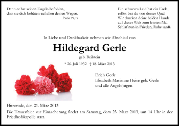 Todesanzeige von Hildegard Gerle von Eschwege