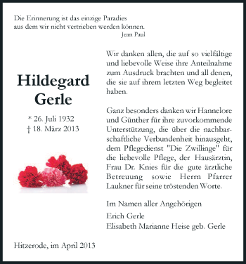 Todesanzeige von Hildegard Gerle von Eschwege
