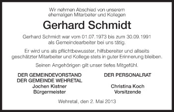 Todesanzeige von Gerhard Schmidt von Eschwege