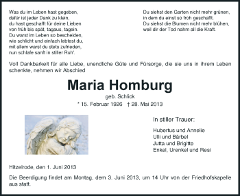 Todesanzeige von Maria Homburg von Eschwege