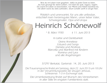 Todesanzeige von Heinrich Schönewolf von Eschwege