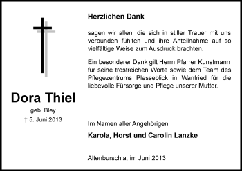 Todesanzeige von Dora Thiel von Eschwege