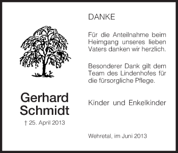 Todesanzeige von Gerhard Schmidt von Eschwege