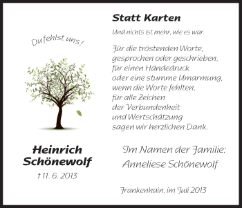 Todesanzeige von Heinrich Schönewolf von Eschwege