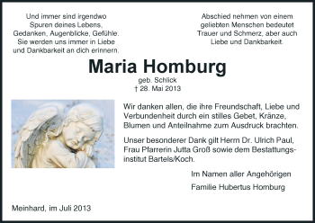 Todesanzeige von Maria Homburg von Eschwege