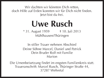 Todesanzeige von Uwe Rusch von Eschwege