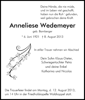 Todesanzeige von Anneliese Wedemeyer von Eschwege