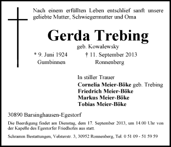 Todesanzeige von Gerda Trebing von Eschwege