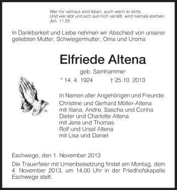 Todesanzeige von Elfriede Altena von Eschwege