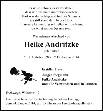 Todesanzeige von Heike Andritzke von Eschwege