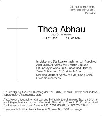 Todesanzeige von Thea Abhau von Eschwege