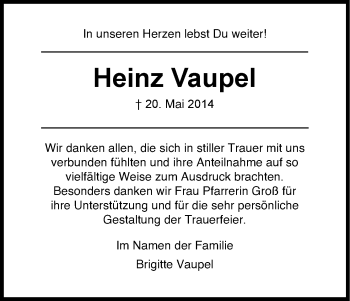 Todesanzeige von Heinz Vaupel von Eschwege