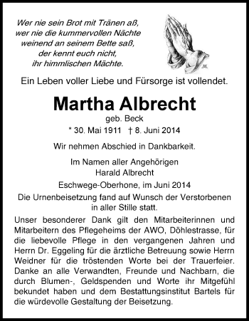 Todesanzeige von Martha Albrecht von Eschwege