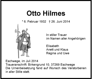Todesanzeige von Otto Hilmes von Eschwege