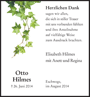 Todesanzeige von Otto Hilmes von Eschwege