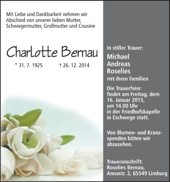 Todesanzeige von Charlotte Bernau von Eschwege