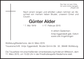 Todesanzeige von Günter Alder von Eschwege