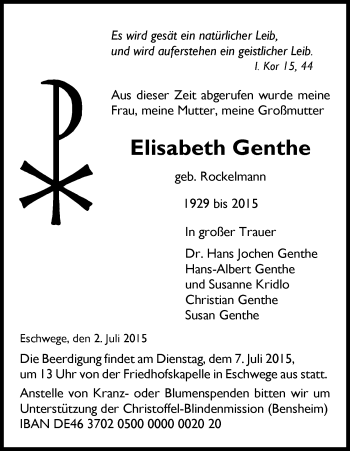 Todesanzeige von Elisabeth Genthe von Eschwege