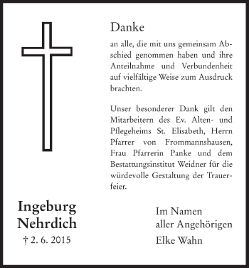 Todesanzeige von Ingeburg Nehrdich von Eschwege