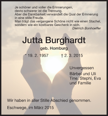 Todesanzeige von Jutta Burghardt von Eschwege