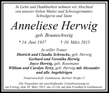Todesanzeige von Anneliese Herwig von Eschwege