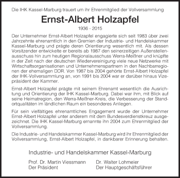 Todesanzeige von Ernst-Albert Holzapfel von Eschwege