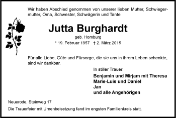 Todesanzeige von Jutta Burghardt von Eschwege