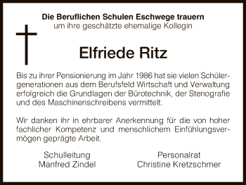 Todesanzeige von Elfriede Ritz von Eschwege