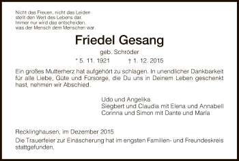 Todesanzeige von Friedel Gesang von Eschwege