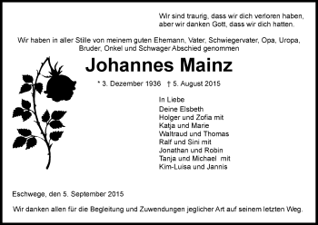 Todesanzeige von Johannes Mainz von Eschwege