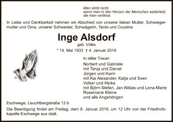 Todesanzeige von Inge Alsdorf von Eschwege