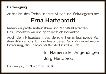 Todesanzeige von Erna Hartebrodt von Eschwege