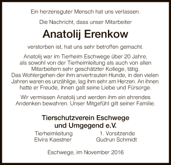 Todesanzeige von Anatolij Erenkow von Eschwege