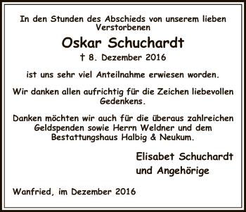 Todesanzeige von Oskar Schuchardt von Eschwege