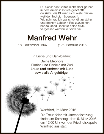 Todesanzeige von Manfred Wehr von Eschwege